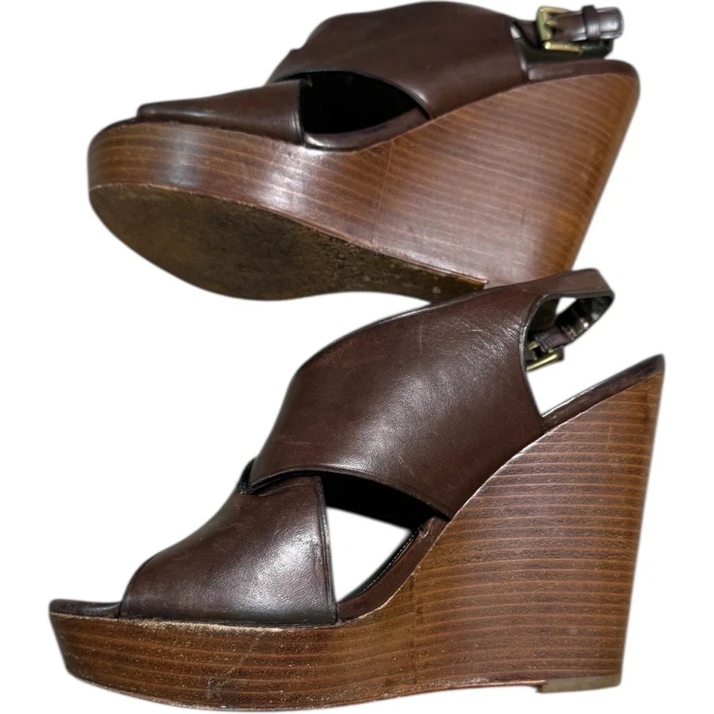 Coach Jamila‎ Wedge Sandals Brown Leather Open Toe Heels Size 8.5B - Picture 2 of 11